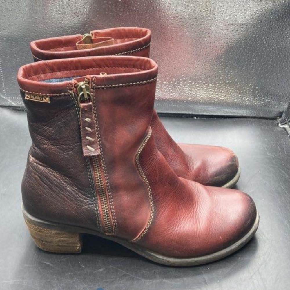 Pikolinos Red & Brown 2-Tone Leather Heeled Ankle Boots Side Zips 6/36